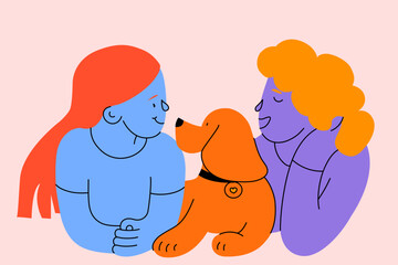 Drawn character, happy father cheerfully playing with his little kid, daughter. Support, love, and care. Creative vector illustration. Concept of parenthood, childhood. Cartoon style. Hand drawn