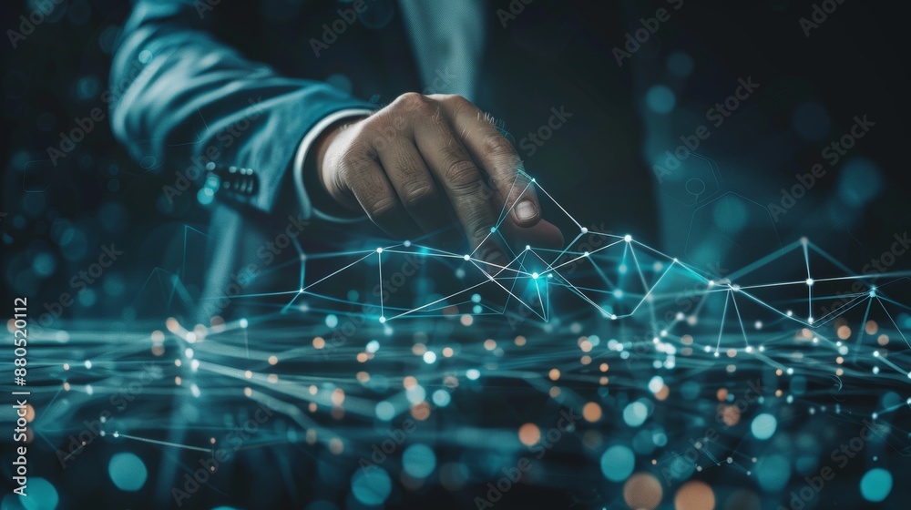Poster dots and lines 3d rendering of floating digital network connections used by a businessman
