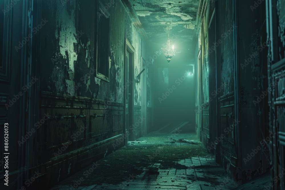 Poster A dimly lit hallway with a single light source in the middle, creating a sense of contrast and depth