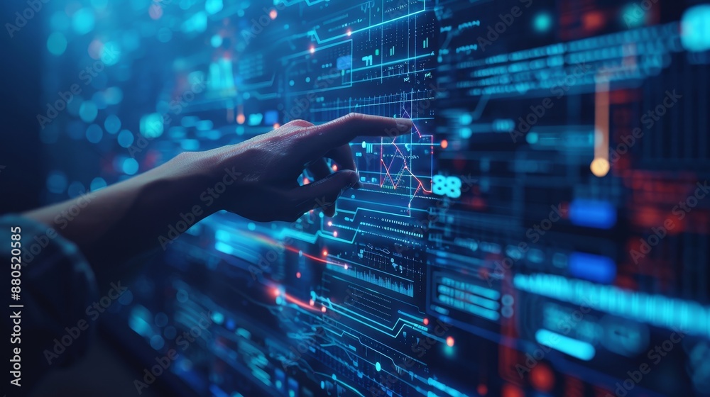 Poster imagining a robot hand pressing on a digital screen with big data technology, ai machine learning an
