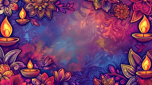 Diwali Day Ornate Border Print Design with Vibrant Rangoli and Lit Diyas on Doodle Page Background