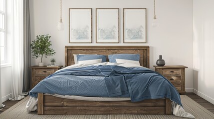 A rustic wooden bed with blue pillows and two bedside cabinets against a white wall.