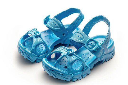 A pair of blue children's sandals sitting on a clean white surface