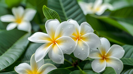 frangipani or plumeria , tropical flowers with green leaves isolated on white background