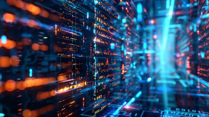 A 3D world of programming code, inside a machine, with a blue tech background