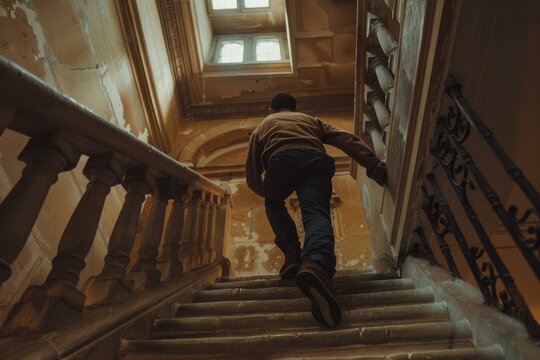 Man is walking up a staircase in an old, dilapidated building