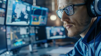 IT Technical Support Specialist wearing headphones and talking on a phone in the monitoring control room with digital screens. Employee wearing headphones and wearing mic.