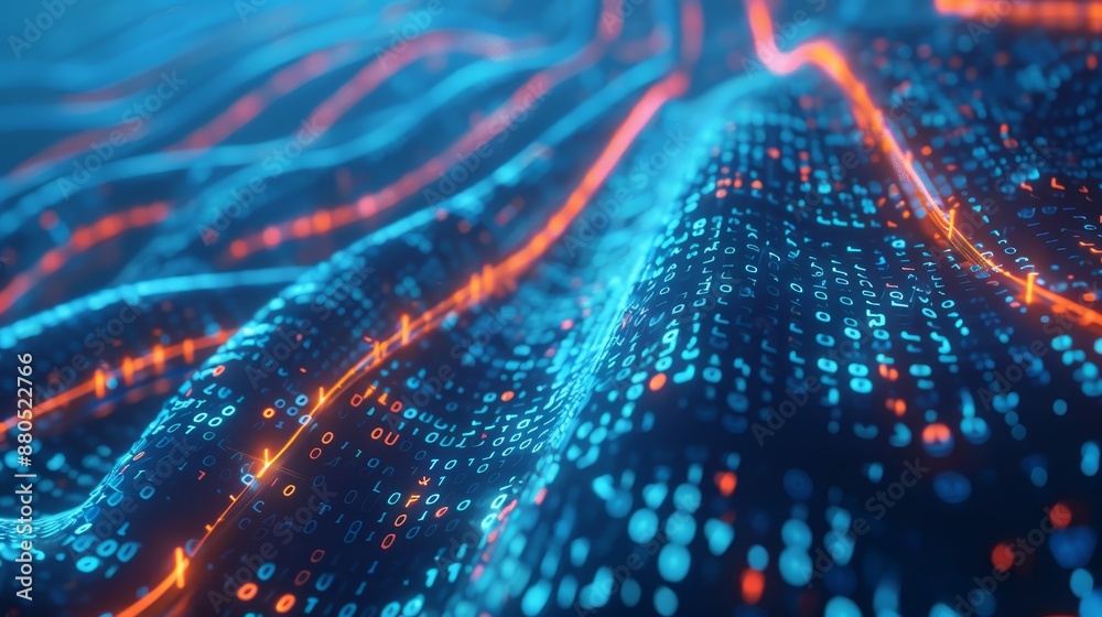 Poster data flows through cyberspace. blockchain fields. network lines connected through network lines. con