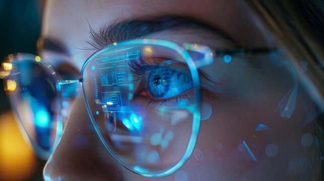 View of blue eyed glasses with futuristic holographic interface for displaying data. Portrait of a beautiful young woman, half of her face. Concept for augmented reality, future technology, and