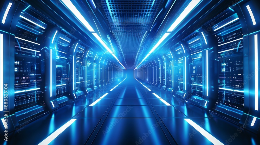 Poster defining the techno landscape with copy space. abstract data center, servers, internet, speed. futur