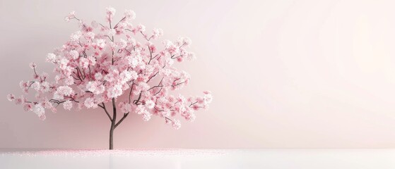 Fototapeta premium Blossoming cherry tree with pink flowers against a soft pastel background, capturing the beauty of spring and nature in full bloom.