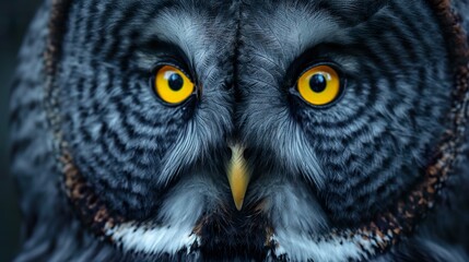 Portrait of a great grey owl with yellow eyes, close-up