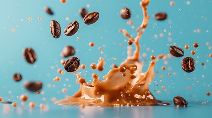 Obraz premium Coffee splash with coffee beans isolated on a blue background