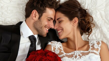 A romantic scene with a wedding bouquet of roses on a bed, newlyweds in love cuddling.