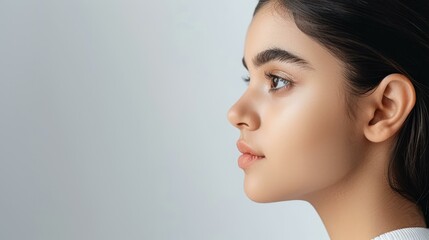 Naklejka premium Detailed halfprofile portrait of a young Asian woman capturing her beauty and elegance.