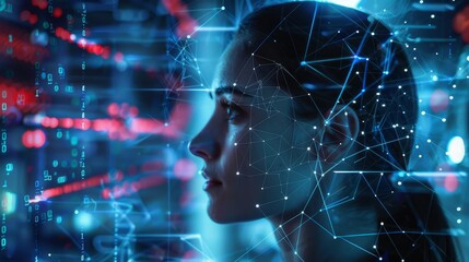 An AI-driven businesswoman with mobile technology, connectivity, smartphone and cyber data overlays. Digital transformation, mockups, tech analytics, dashboards, and internet holograms.