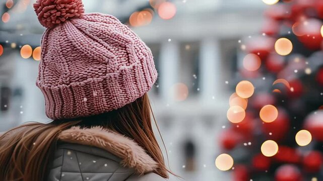 Girl with green parka and pink beanie standing in front of a christmas tree
