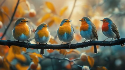 Group of robin birds sitting on a branch in the autumn forest.