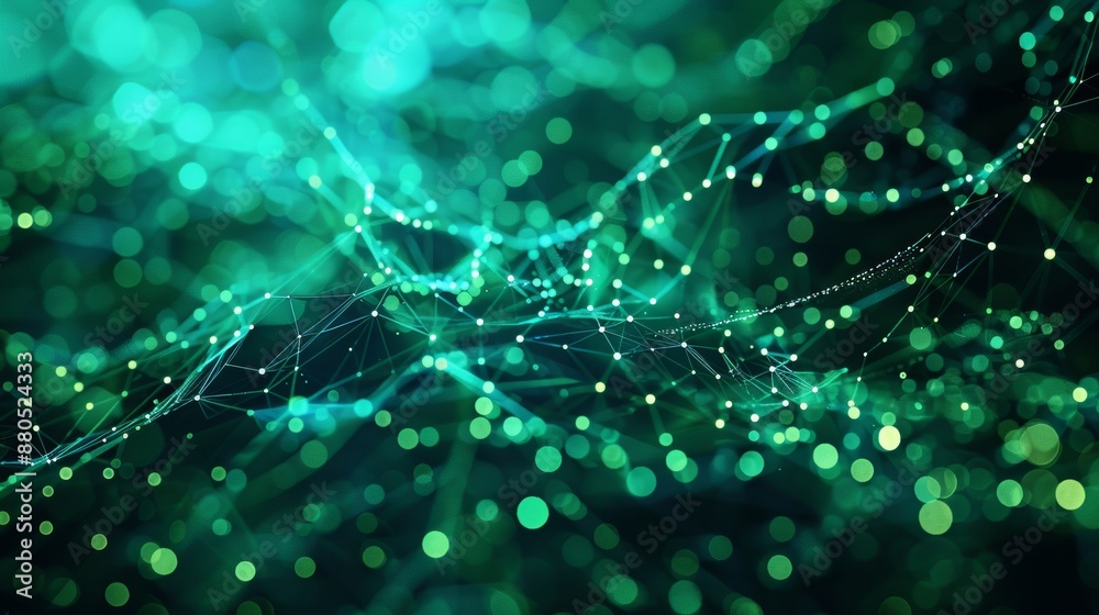 Poster Artificial neurons, global data connections - Stock image of an abstract blue green technology background with particles connected to a cyber network grid.