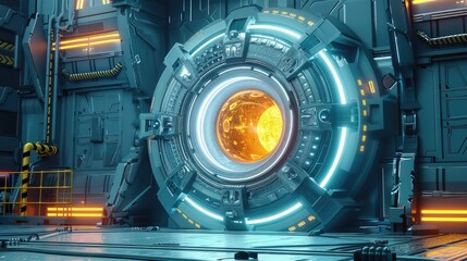 Futuristic spaceship interior with glowing energy core
