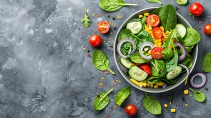 Vegetarian salad with spinach, cherry tomatoes, corn salad, cucumbers, and red onions. Healthy food concept. Gray stone table. Top view. Copy space.