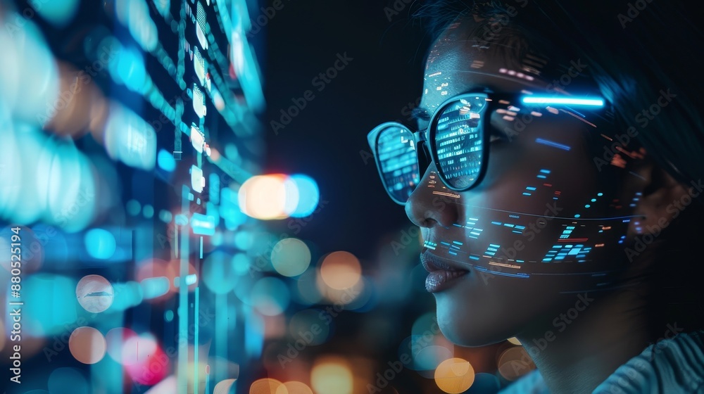 Poster programmer wearing glasses on a 3d screen, working on data analytics, digital technology, and cybers