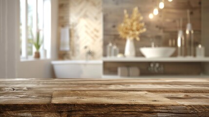 With blurred bathroom interior background, an empty tabletop displays products