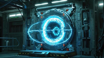 Futuristic SciFi Portal with Glowing Blue Energy Field in Dark Metallic Hangar