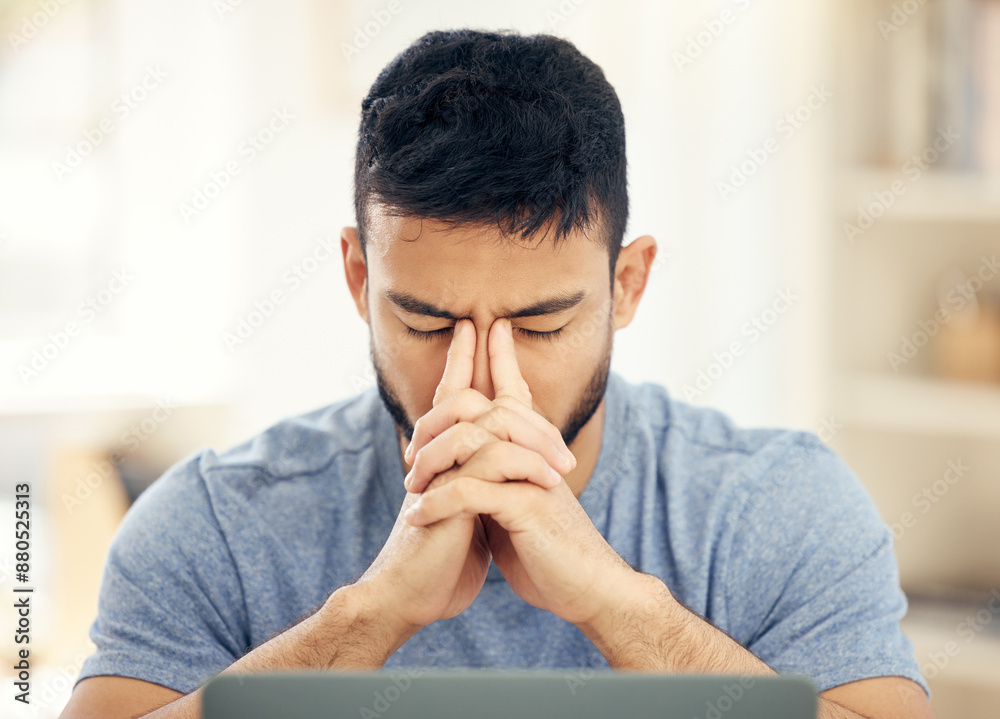 Aufkleber Headache, laptop and man with stress in home office for remote work, connectivity issue and glitch. Frustrated, web designer and tech with anxiety for internet crash, SEO problem and network error