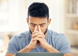 Headache, laptop and man with stress in home office for remote work, connectivity issue and glitch....