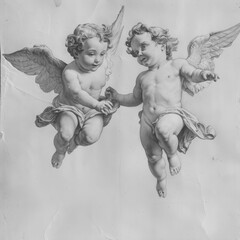 pencil draw of two cherubs, flying, fine art, high detailed