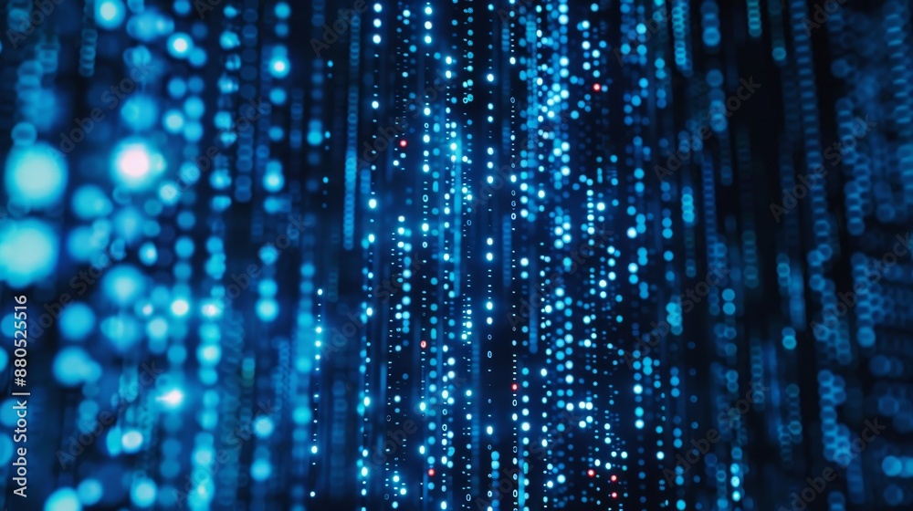 Poster an image of blue digital binary data on the background of a computer screen