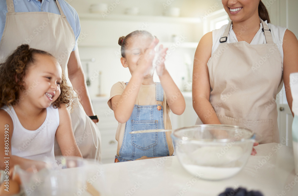 Wall mural Family, powder and baking in kitchen for bonding, teaching and learning with smile, flour and bowl. Mother, children and man in house for cooking, help and development with eggs, milk and happiness