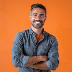 Fototapeta premium Man Standing With Arms Crossed in Front of Orange Background