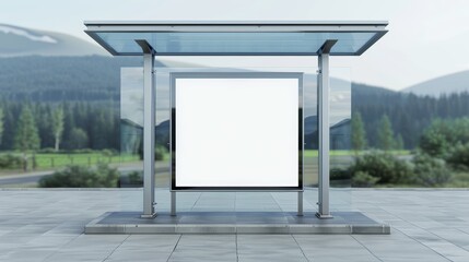 Stylish bus stop shelter with glass and aluminum structure, empty billboard for advertisements, high-resolution realistic photo, focus cover all object