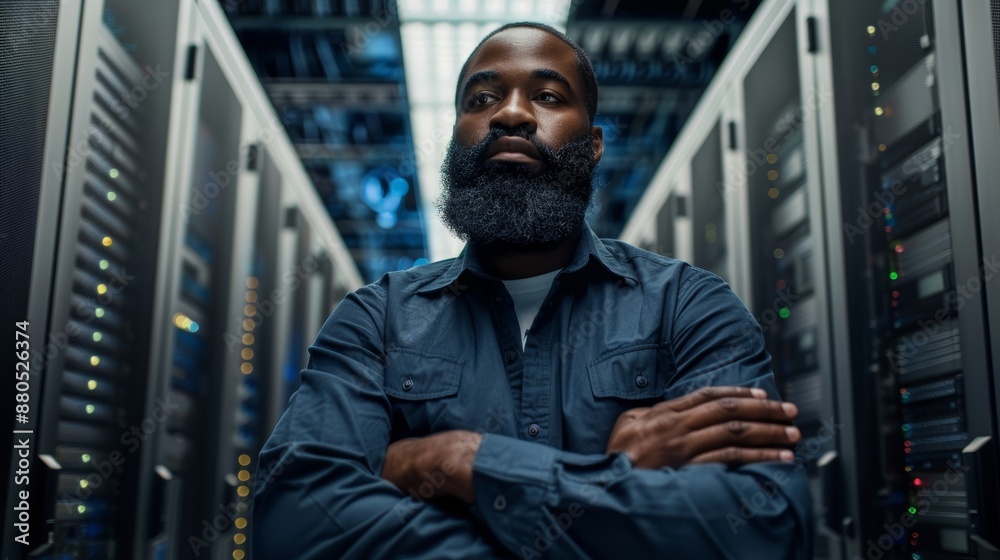 Poster an it engineer with a beard is standing in a data center server room while servers are working on a 