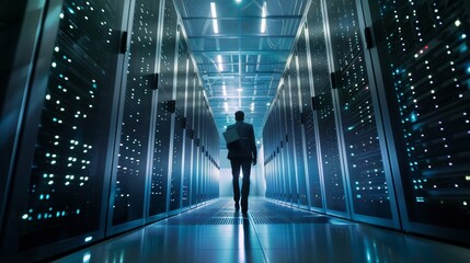 A black Data Center IT Technician inspects working server cabinets with a laptop computer while walking through a server rack corridor.