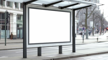 Fototapeta premium Urban bus shelter with blank billboard, white lightbox, glass and aluminum structure, city transit stop, realistic, high-resolution photo, focus cover all object