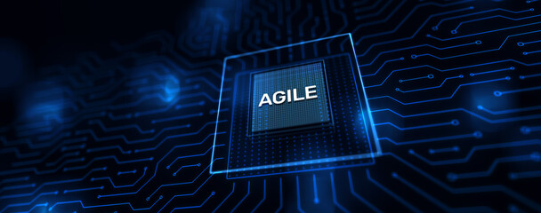 Agile development methodology concept on virtual screen. Technology concept.