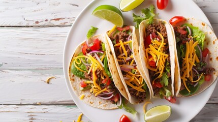 An image showing ground beef tacos with shredded cheddar cheese, fresh lettuce, tomato and onion on a white plate with lime wedges, in a horizontal view, Mexican cuisine, flat lay, free space.