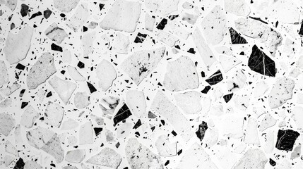 A white terrazzo background is accompanied by the texture of an interior stone wall.