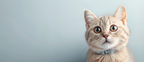 Obraz premium Close-up of a curious cat with a blue collar against a light background, creating a minimalist and charming portrait.