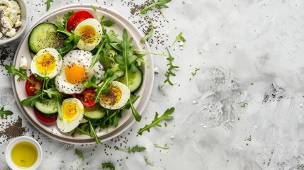 Salad with avocado, eggs, tomato, cucumber, cheese, arugula and chia seeds on light plate. Top view. Flat lay. Banner.