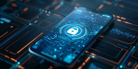 Fototapeta premium A smartphone screen showing a glowing unlock icon, representing data security