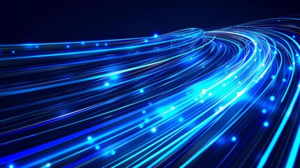 Stock illustration showing a streak of blue light, a fiber optic, a speed line, and a futuristic background for wireless data transmission with 5G or 6G technology.