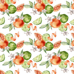 Jasmine flowers with citrus fruits grapefruit and bergamot watercolor seamless pattern isolated. Hand drawn summer plants orange and green colors in botanical sketch style for wrapping paper, textile