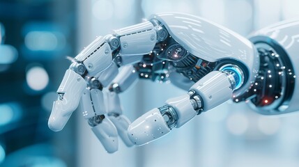 Close-up of a robotic hand showcasing advanced technology and artificial intelligence in a futuristic setting.