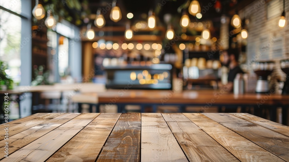 Sticker Empty brown wooden table with blurred background for product display montage; mockup to showcase design