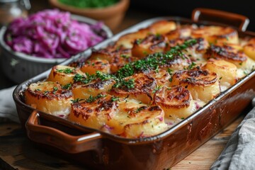 A serving of Lancashire hotpot, with layers of lamb and potatoes, baked until golden and served with pickled red cabbage.