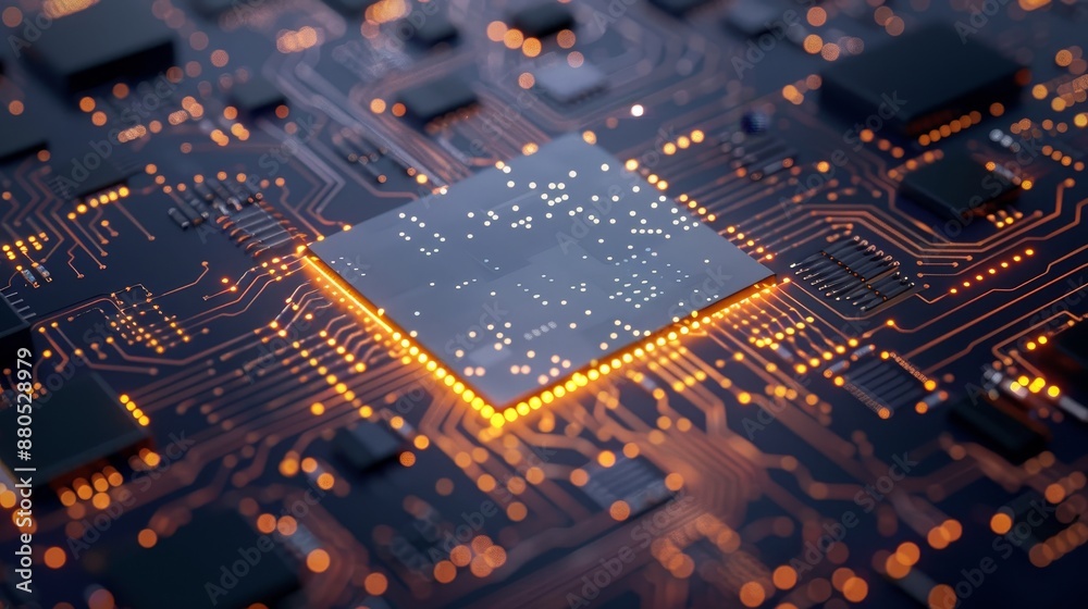 Poster an illustration of 3-dimensional digital binary data on a microchip with a glowing circuit board bac